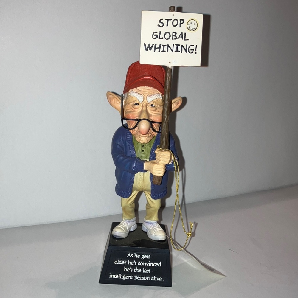 Humorous Grumpy Elderly Man Sculpture with‎ Protest Sign